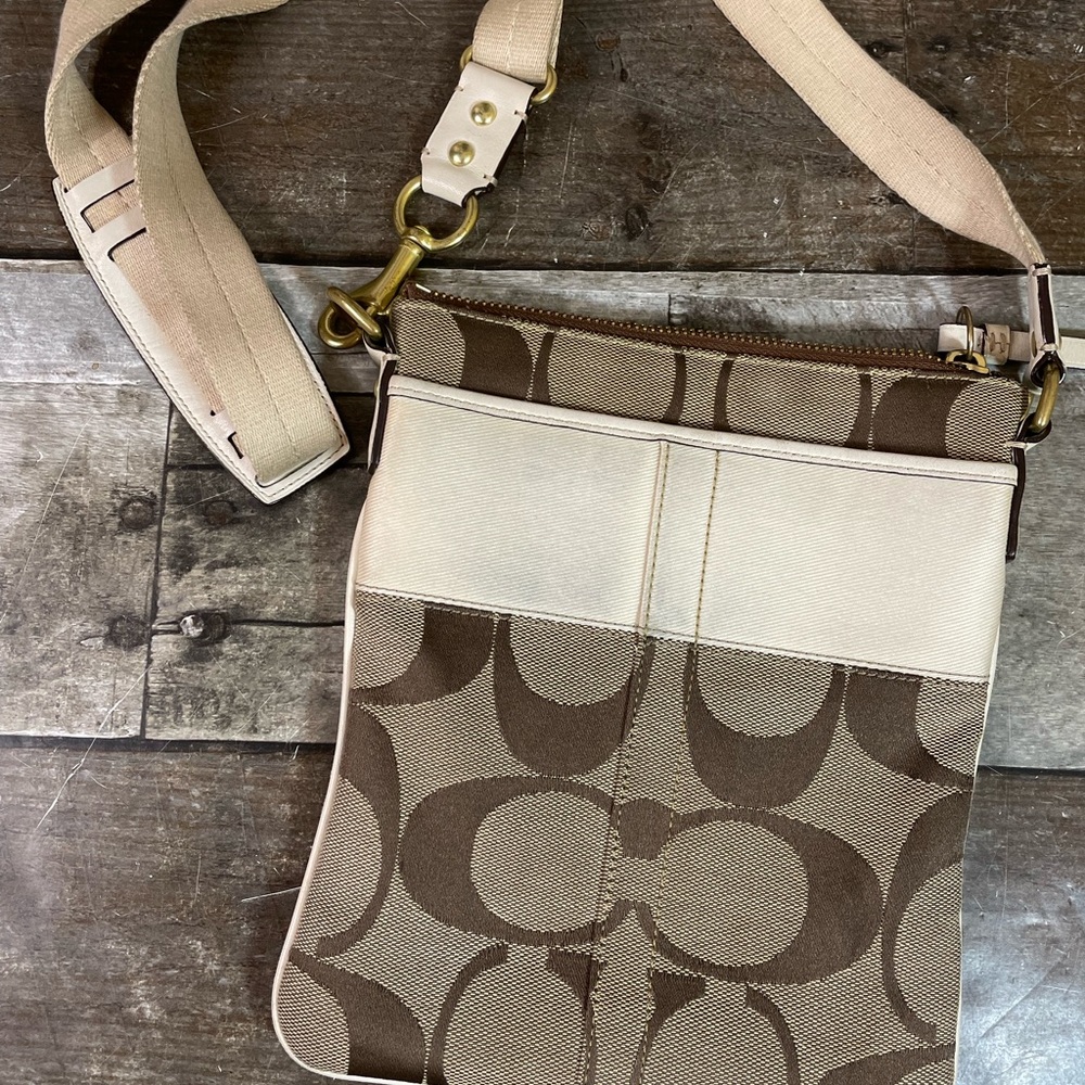 Coach Signature Fabric Cream & Brown Adjustable Crossbody